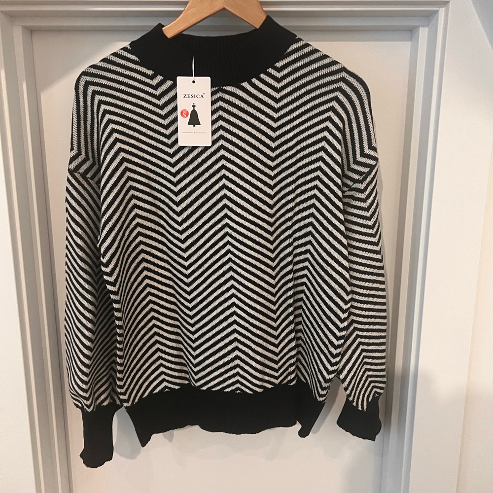 Black and White Chevron Turtleneck Sweater - Picture 2 of 6